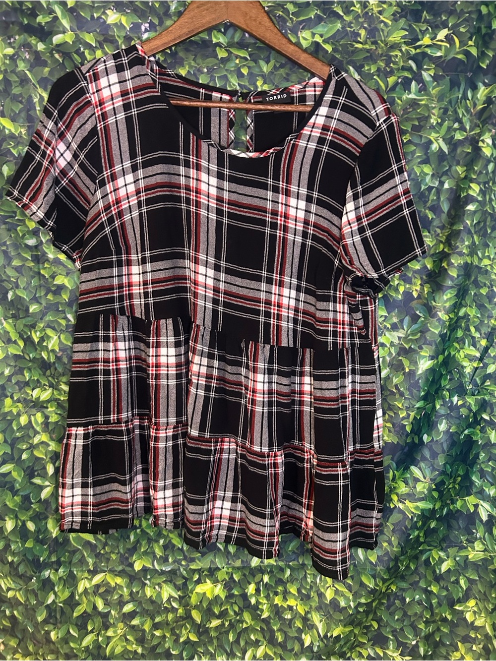 torrid Black Plaid Short-Sleeve Peplum Tunic with Red & White Accents